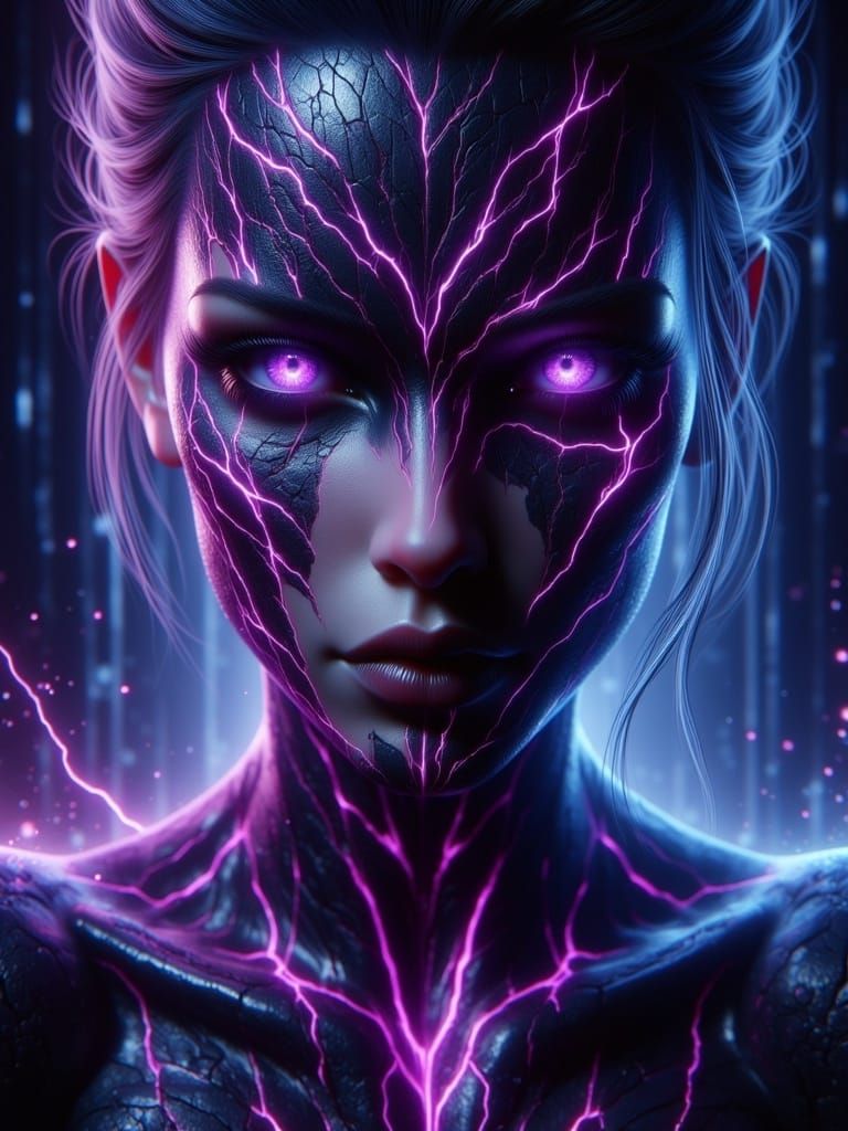Sinister Woman with Violet Cracks: Digital Dark Fantasy