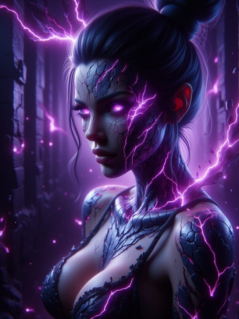 Sinister Woman with Violet Cracks in Dark Fantasy Style
