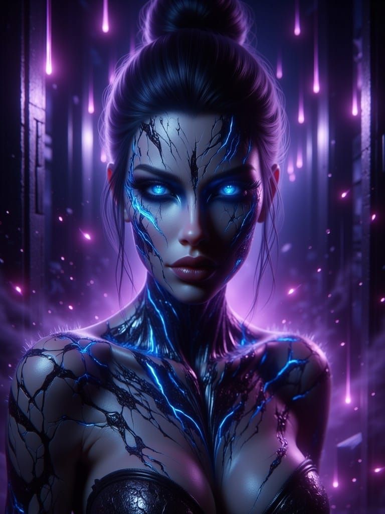 Sinister Woman with Violet Cracks: Hyperrealistic Digital Ar...