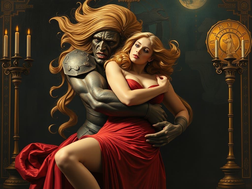 Epic Surrealism: Golden-Haired Giant's Embrace