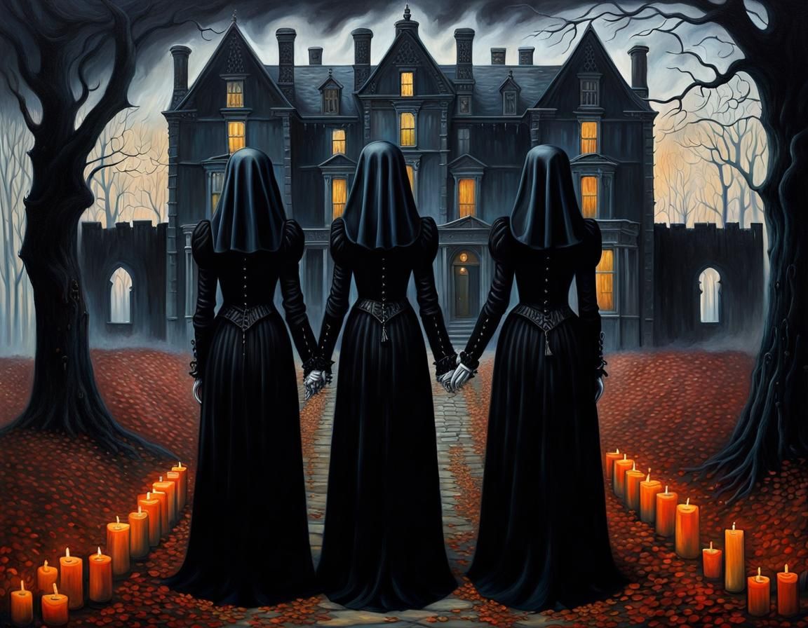 Goth Girls in Haunted Manor: Surreal Oil Painting