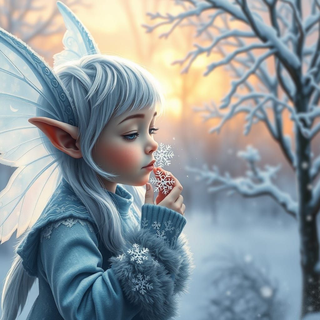 Winter Elf Touches Snowflake to Child's Nose in Whimsical Di...