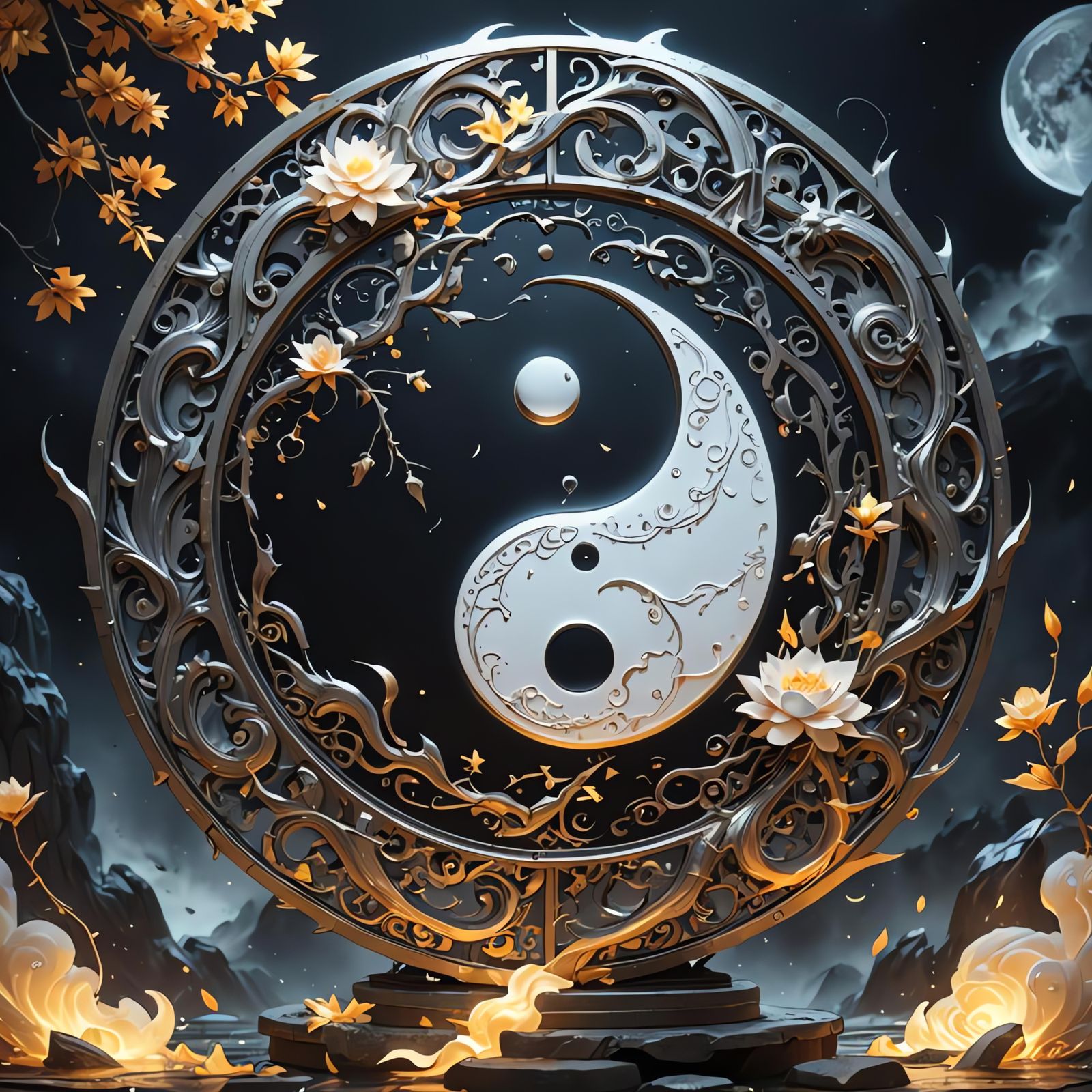 Glowing Yin and Yang in Hyperrealistic 3D Anime Art