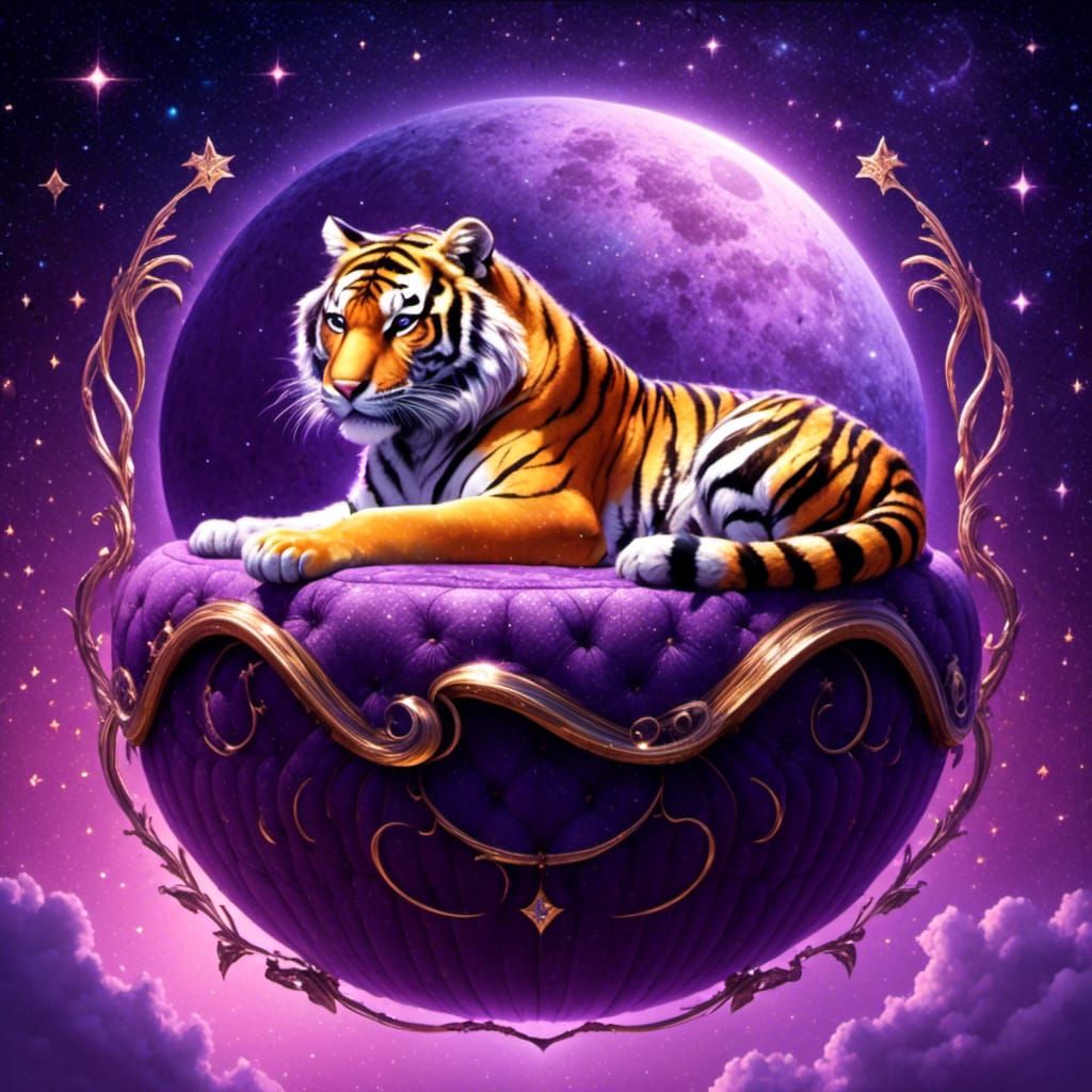 Fantasy Violet Striped Tiger Sleeping Under Magical Moon