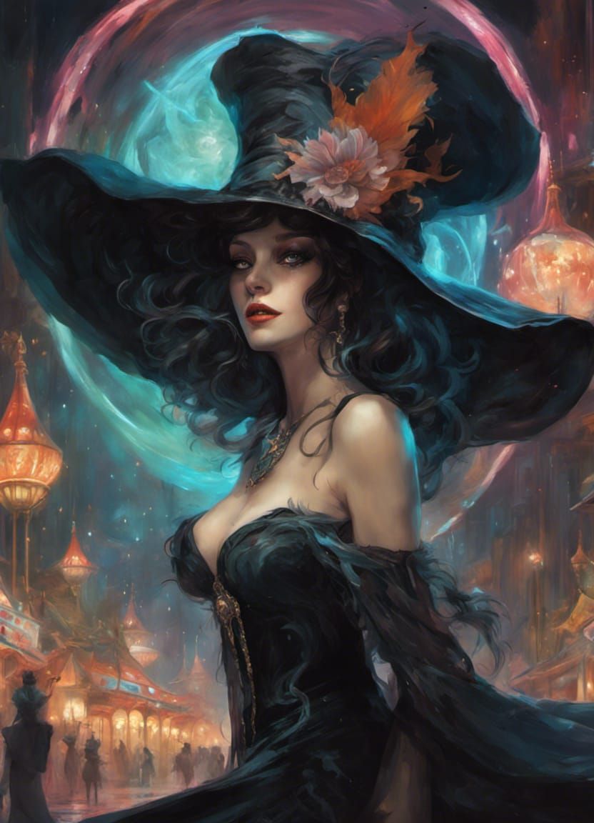 Art Nouveau Witch Laughing at Magic Carnival