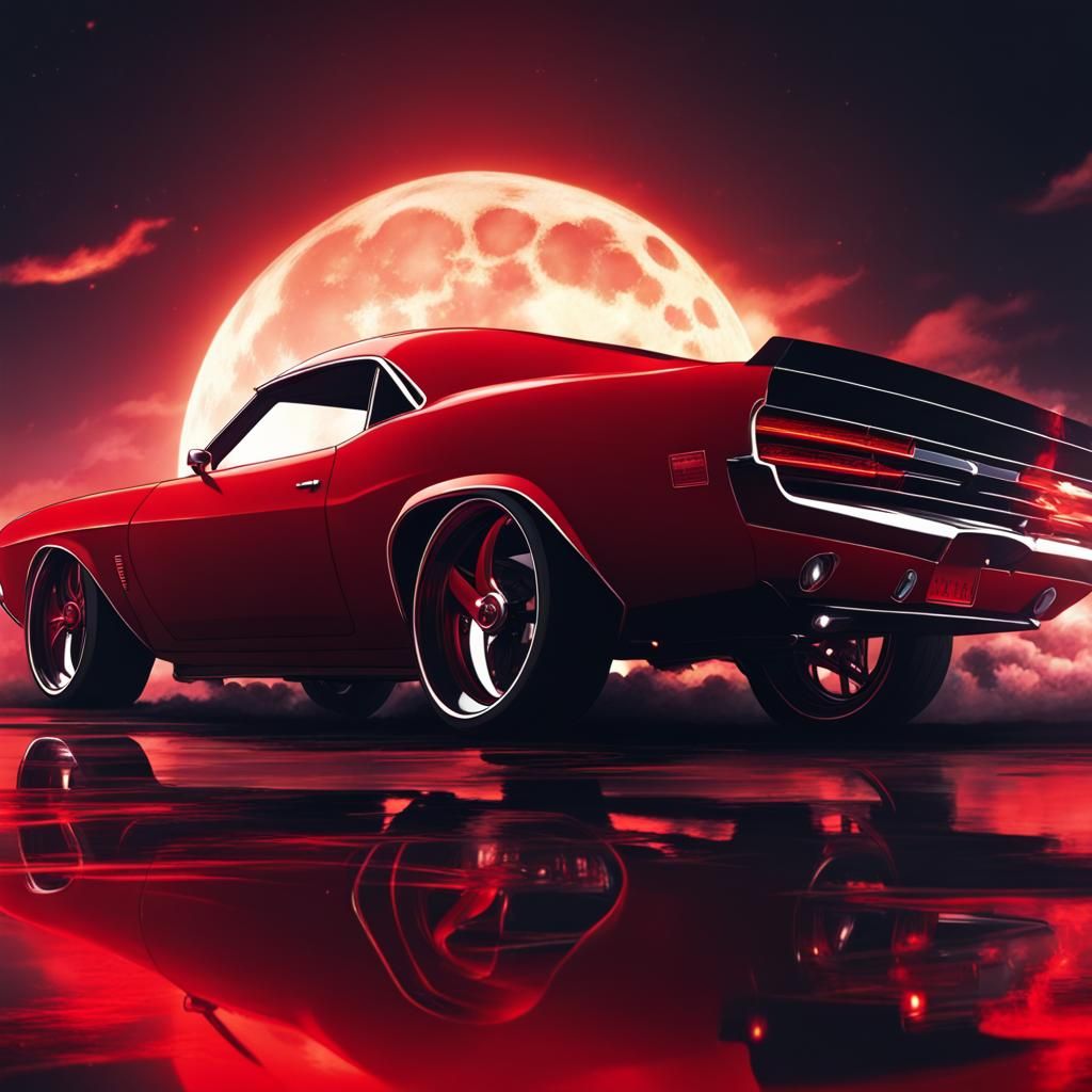 Anime Style Red Muscle Car with Red Moon