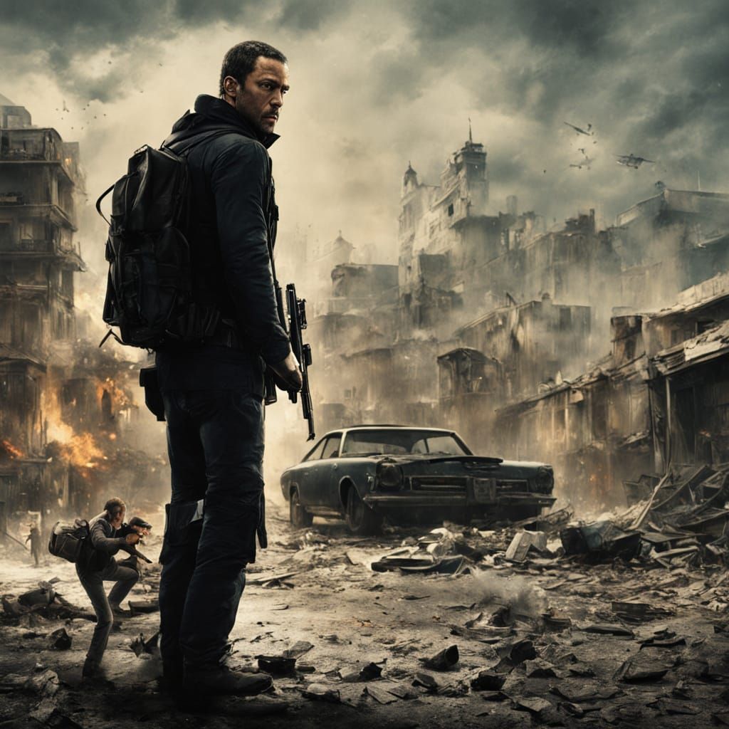 Dark Cinematic Assassin Poster in High-Contrast Double Expos...