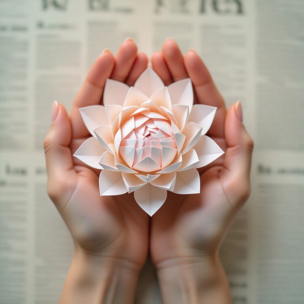 Delicate Origami Lotus Held in Hands on Newspaper Background