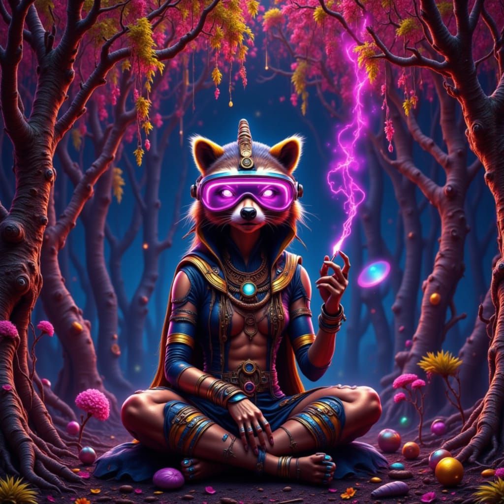 Cyberpunk Raccoon Pharaoh Meditating in VR