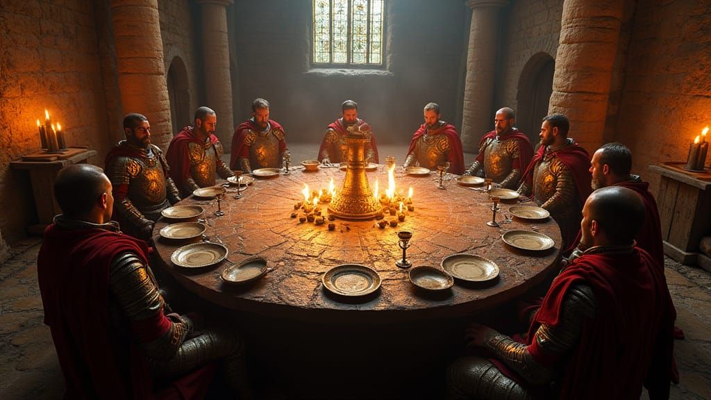 Medieval Knights Gather Around the Round Table in a Photo-Re...