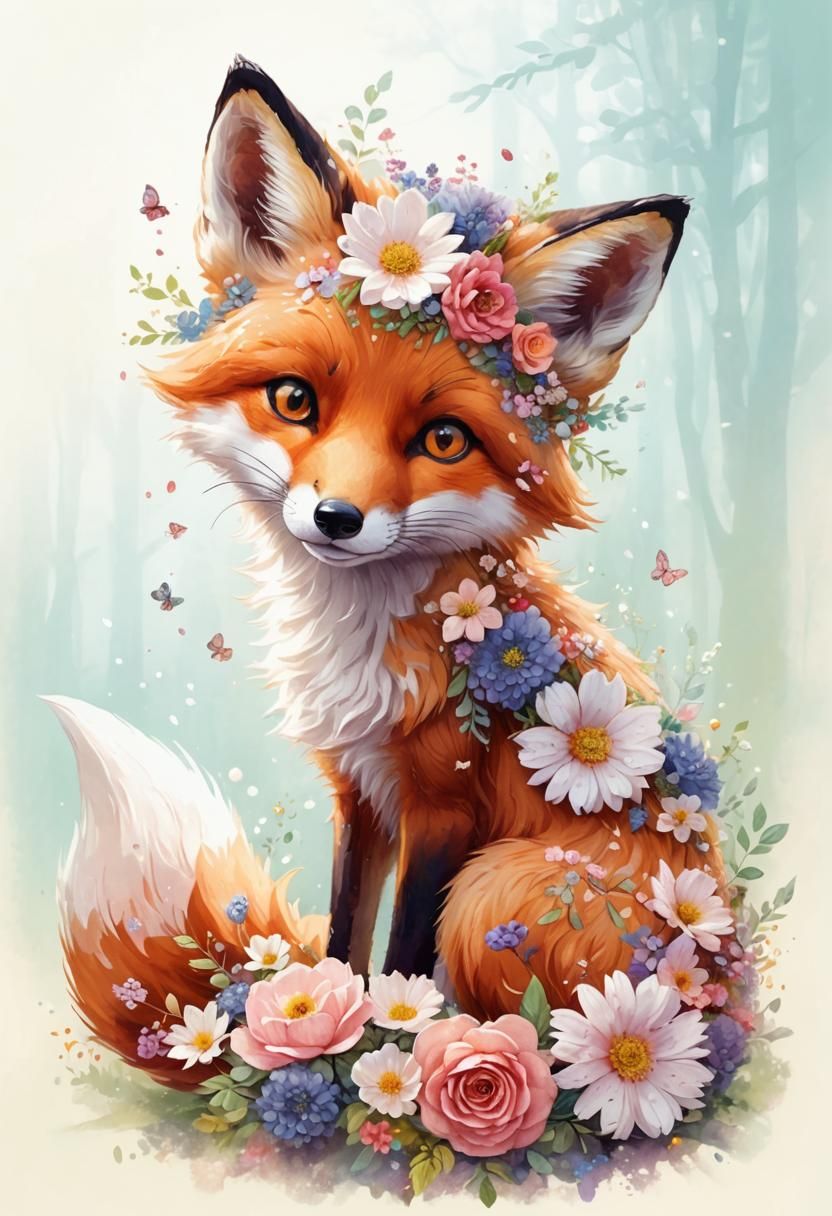 Whimsical Floral Fox Illustration in Pastel Colors