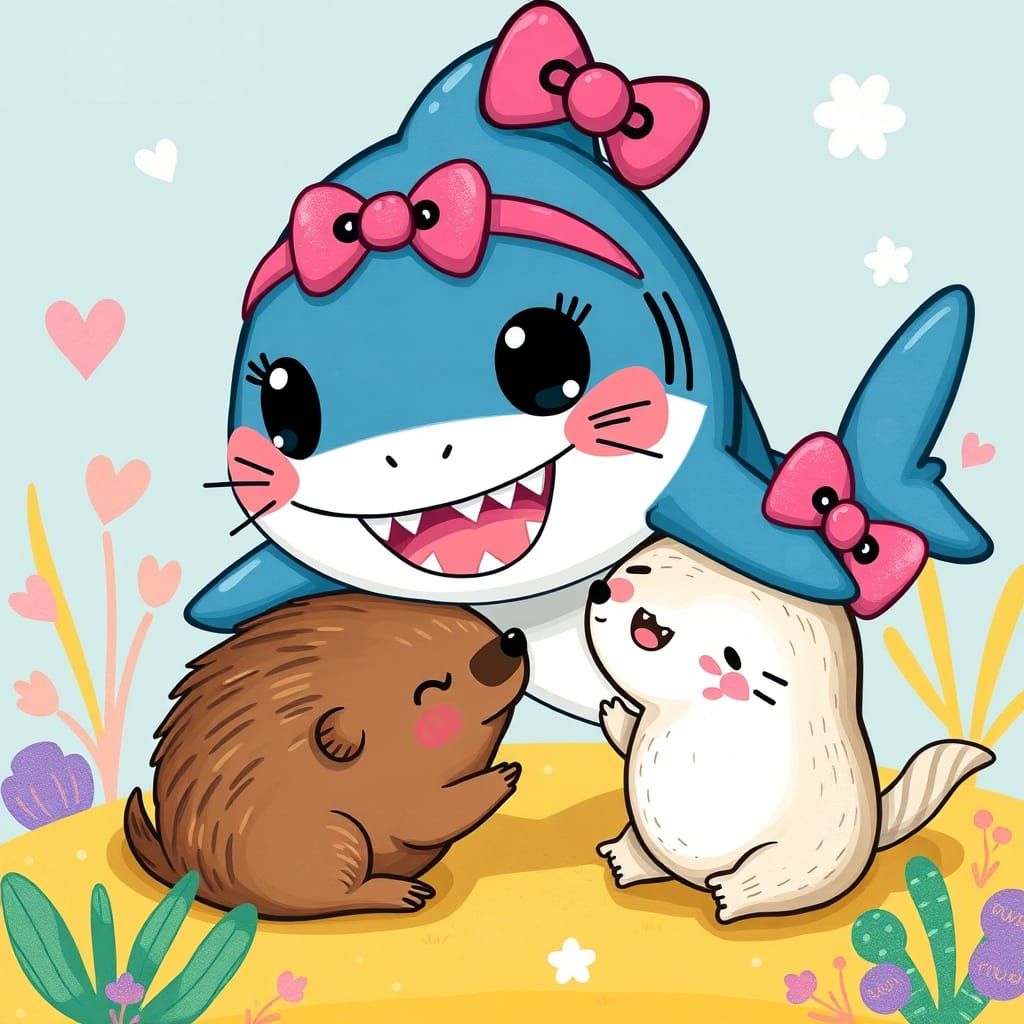 Hello Kitty Baby Shark and Groundhog in Whimsical Style