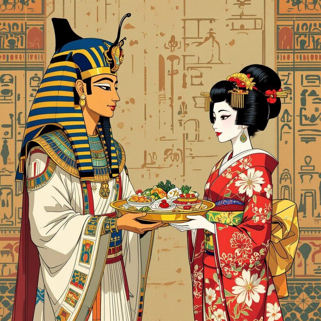 Pharaoh Offers Food to Japanese Woman: Stylized Illustration