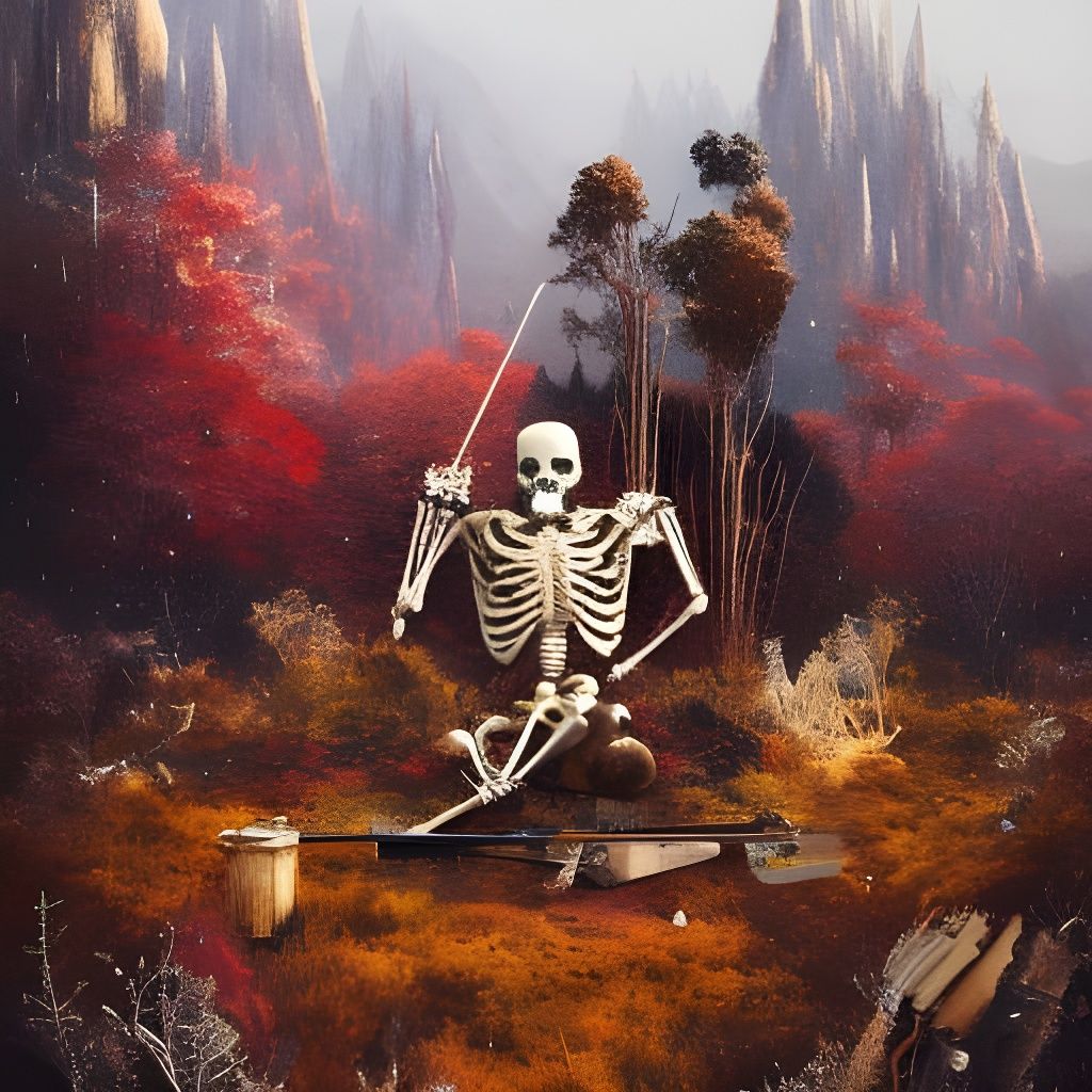 Skeleton Violinist in Surreal Landscape, Hyperdetailed Art