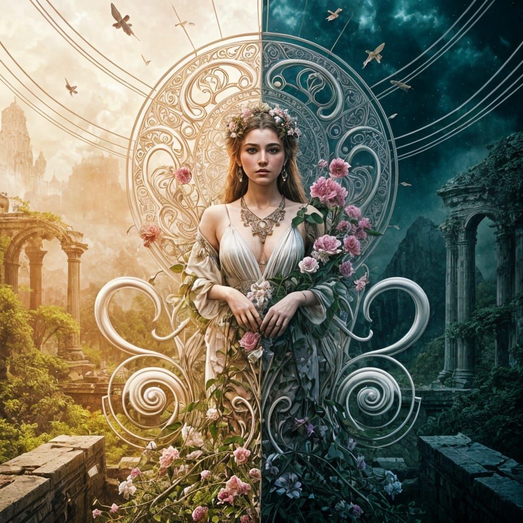 Beautiful Woman Amidst Swirls of Nature and Ruins