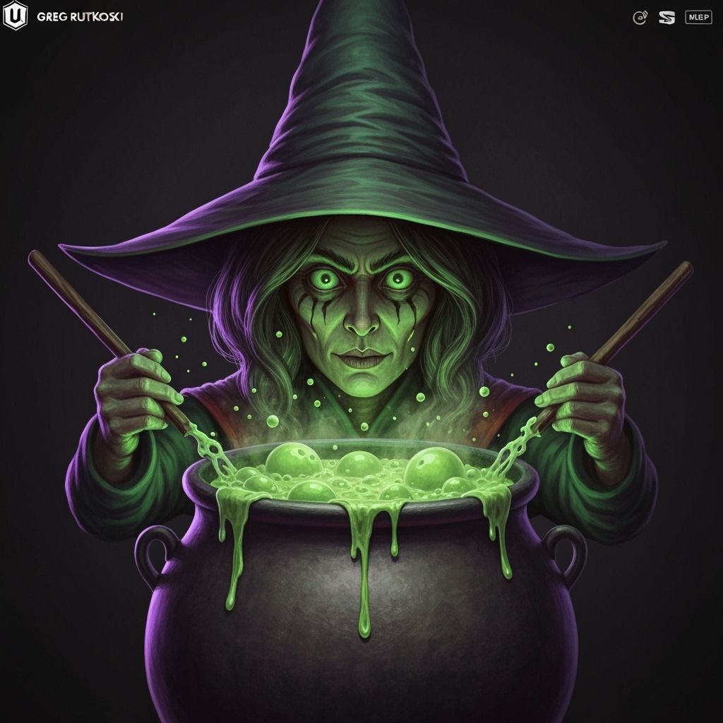 Spooky Witch Brews Green Sap Soup in Cauldron