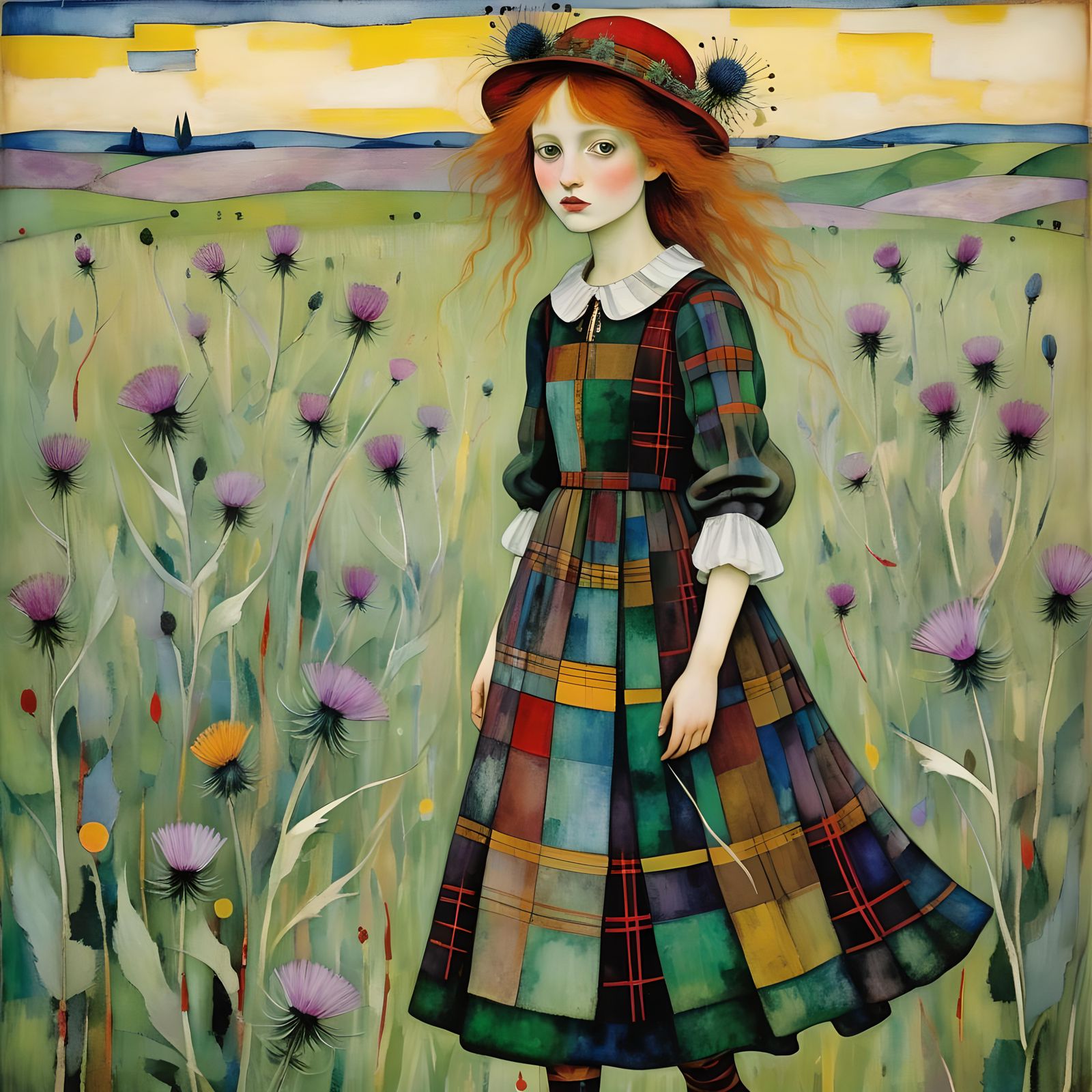 Scottish Girl in Thistle Field: Abstract Art