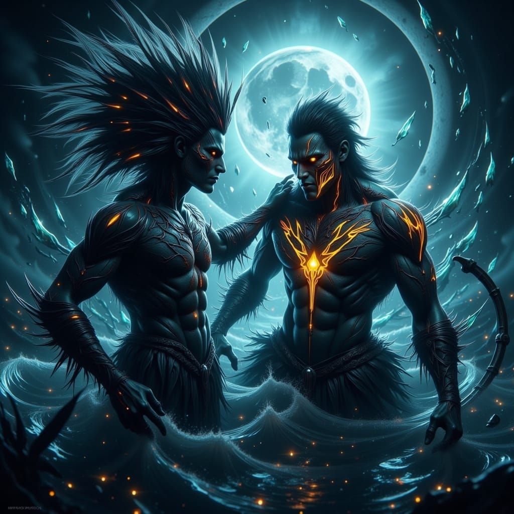 Mythical Figure Emerges from Ocean Waves in Dark Fantasy Sty...