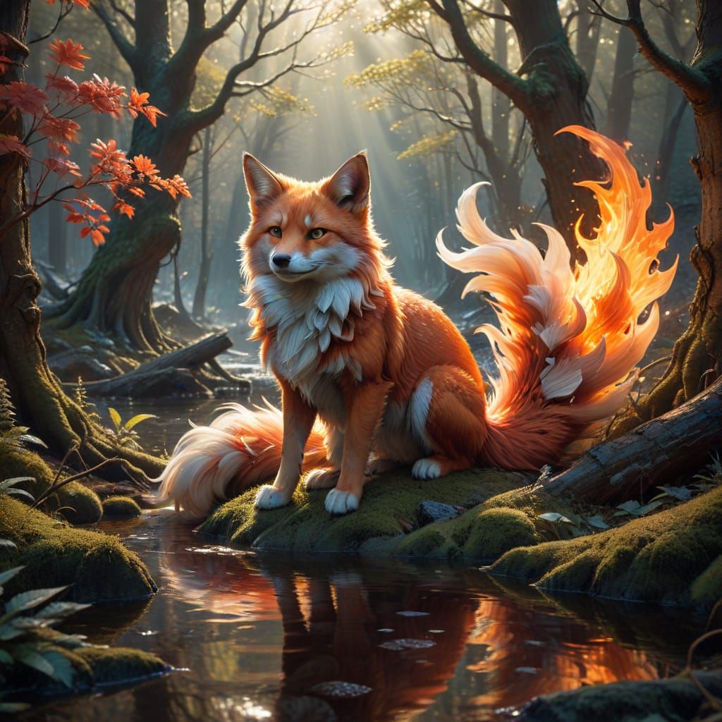 Fiery Red Kitsune in Spring Forest, Jugendstil Painting