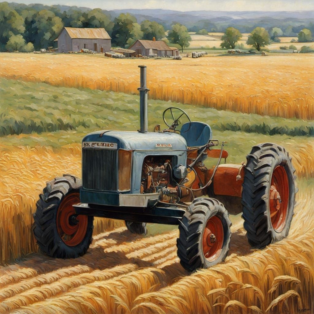 Luminous Wheat Field with Vintage Tractor in Oil Painting St...