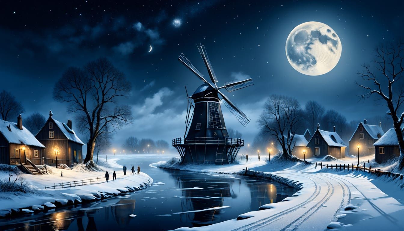 Baroque Village Scene with Ice Skating Villagers at Night