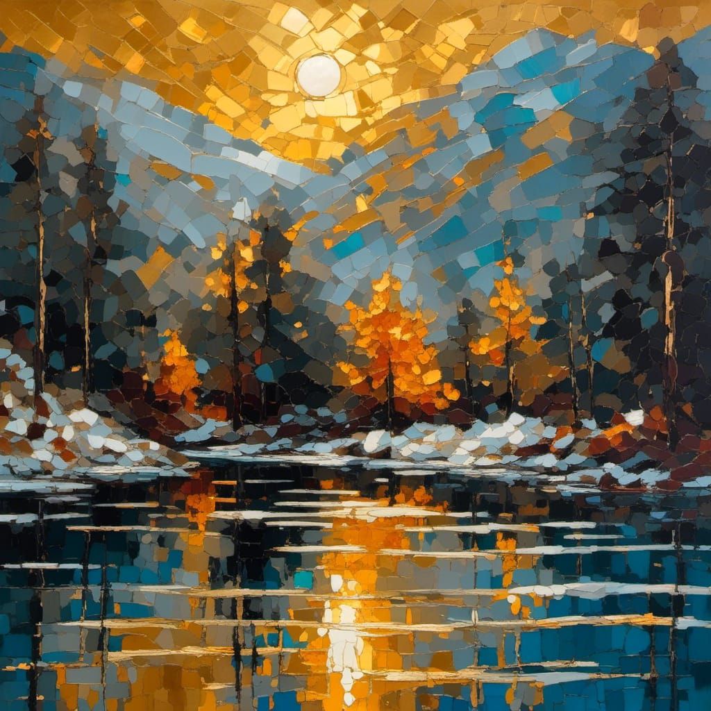 Herons in Mountain Lake: Stylized Oil Painting