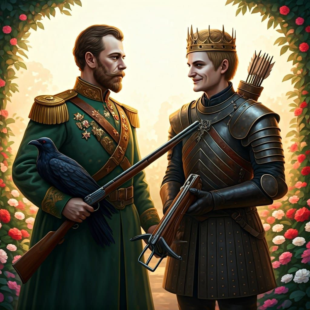 Nicholas II and Joffrey Chat in Sunlit Garden