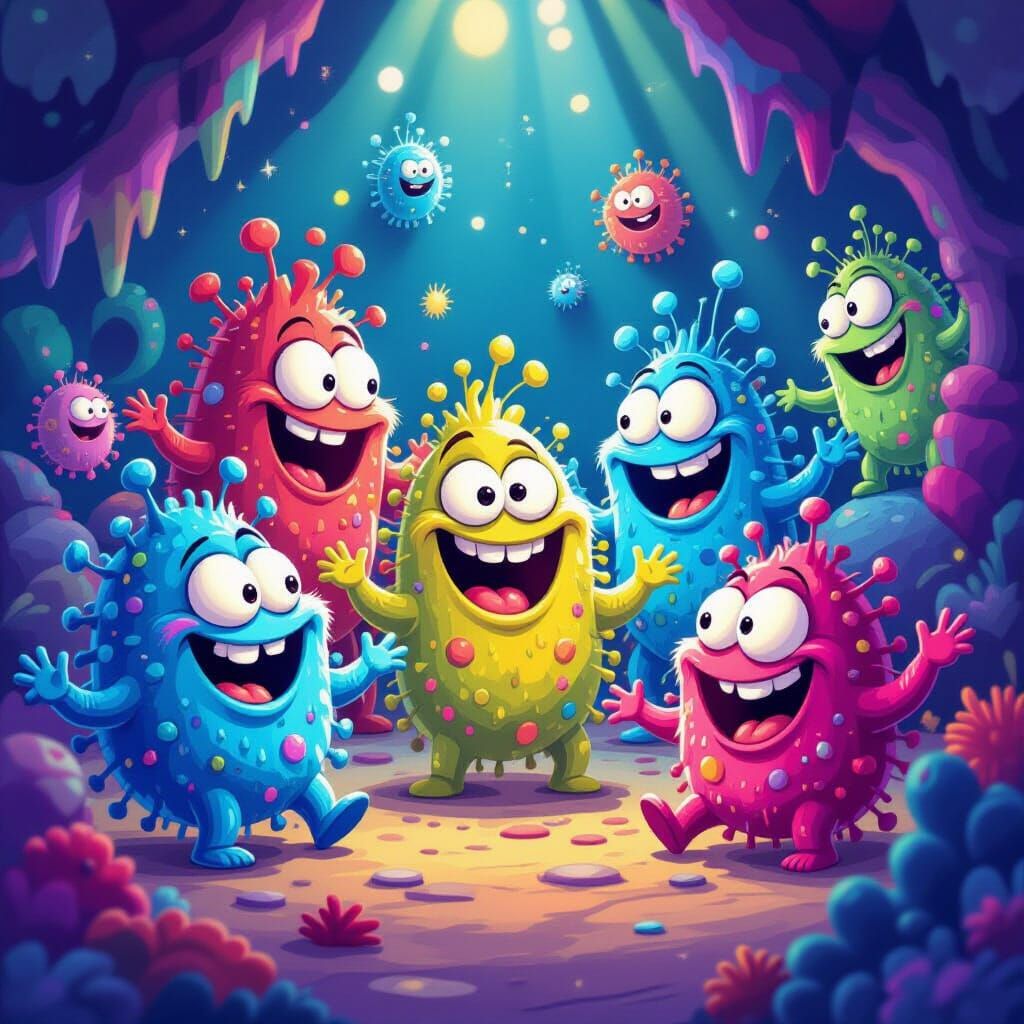 Funny Microbes in Vibrant, Whimsical Illustration Style