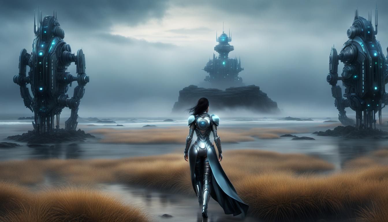 Cyborg Dreamscape: Detailed Armor on Misty Shore