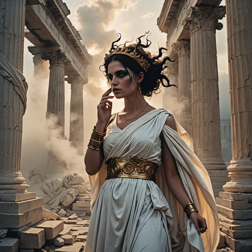 Gothic Model Among Roman Ruins in Amber Light