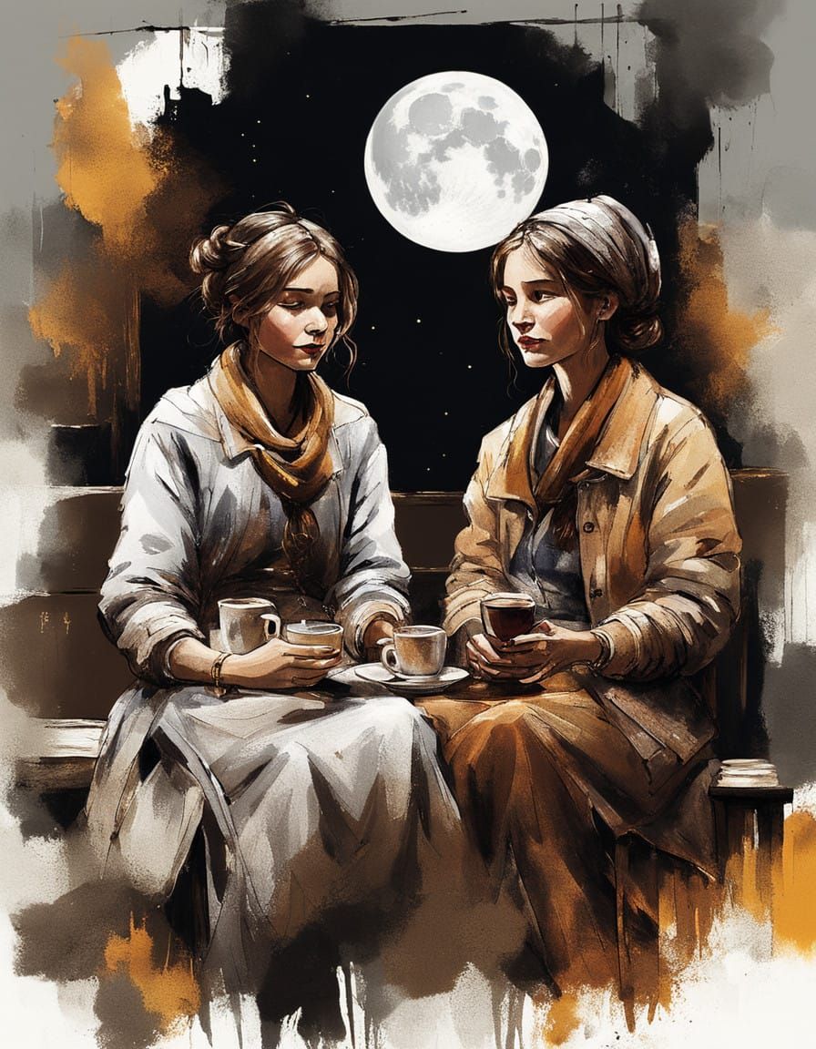 Warm Women in Intimate Coffeehouse Scene, Watercolor Paintin...