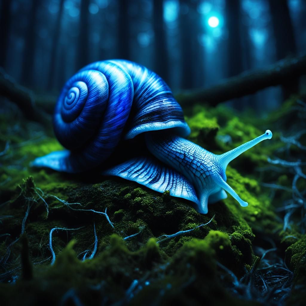 Surreal Bioluminescent Snail in Twisted Forest