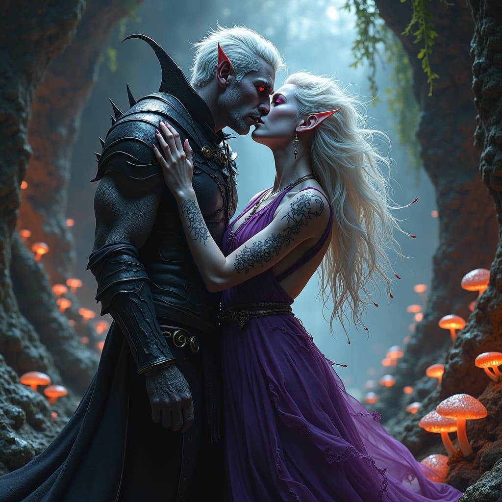 Drow Elves Embrace in Subterranean Cavern