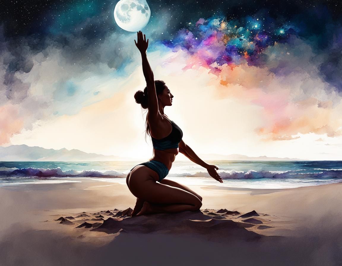 Woman Doing Yoga on Beach at Night in Watercolor
