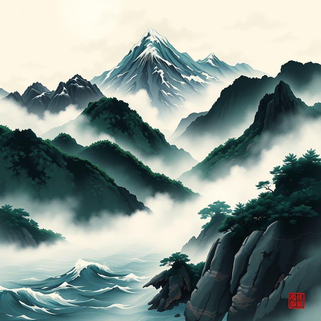 Serene Chinese Ink Painting of Majestic Mountains and Sea