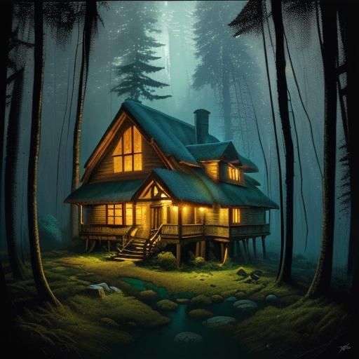 Forest Cottage with Clockpunk Elements, Impasto Style