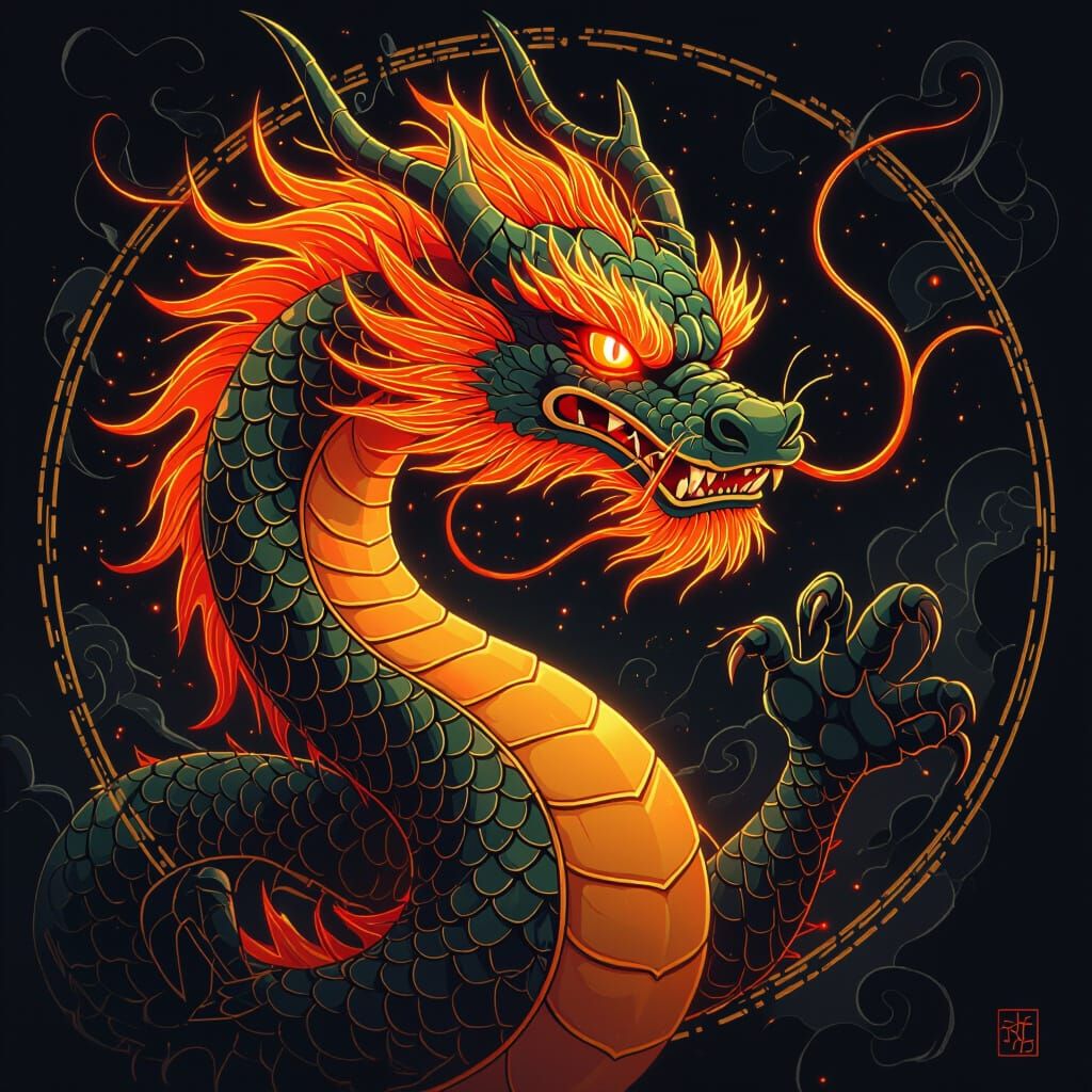 Majestic Chinese Dragon with Gold Outline and Glowing Eye