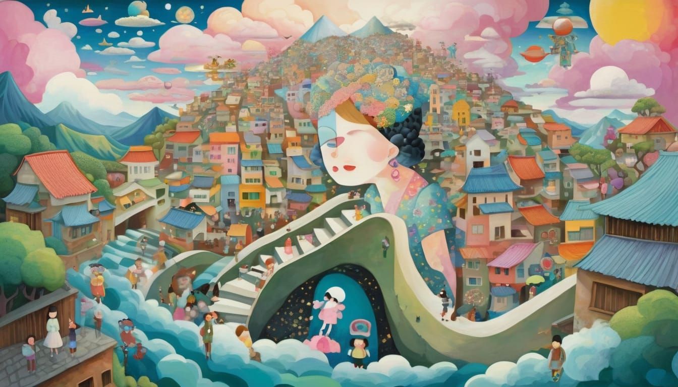 Surreal Stairway Cityscape in Escher Style