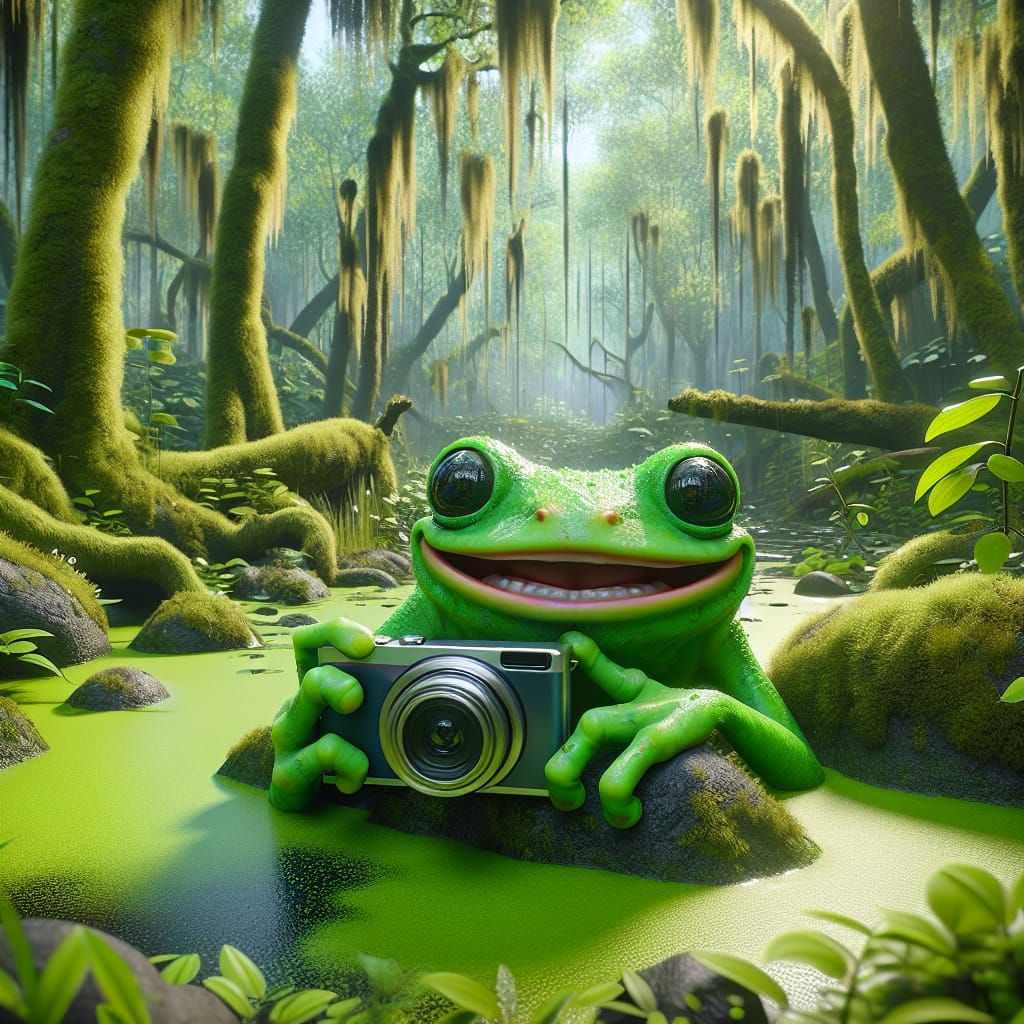 Generate a hyper-realistic image of frog holding a camera taking a selfie smiling in a swamp