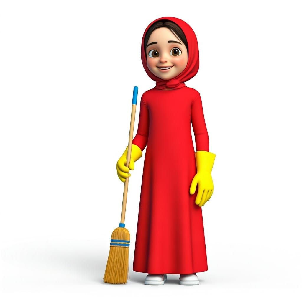 Haredi Girl Cleaner in Red 3D Cartoon Style