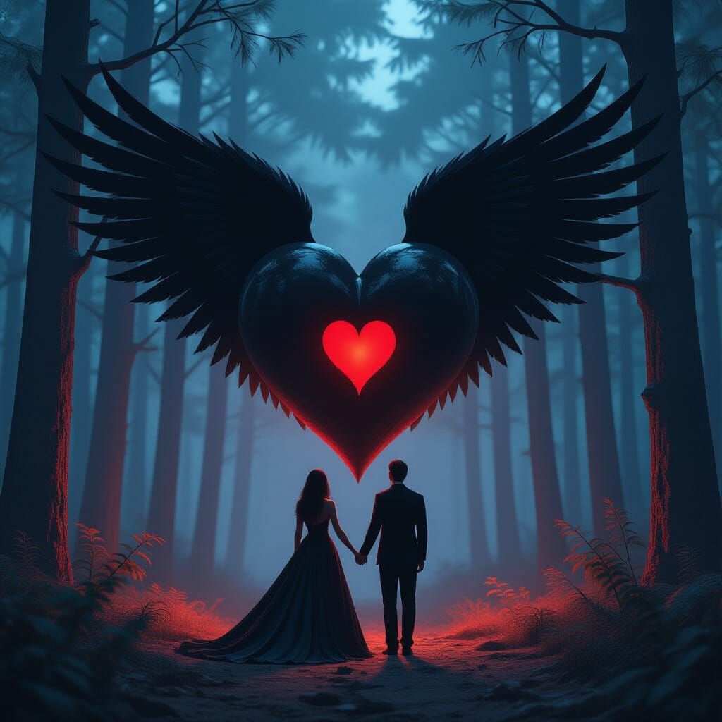 Dark Forest Night Scene with Black Heart and Couple