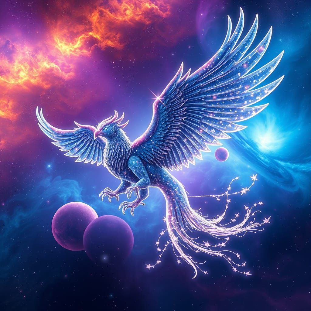 Celestial Griffin Soaring Through Nebula in Detailed Digital...