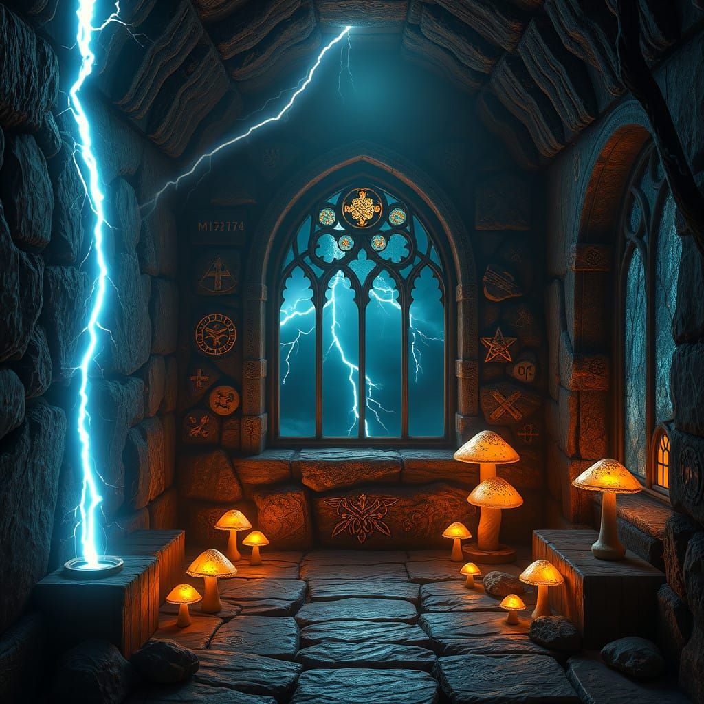 Ethereal Chamber of Ancient Runes and Glowing Mushrooms