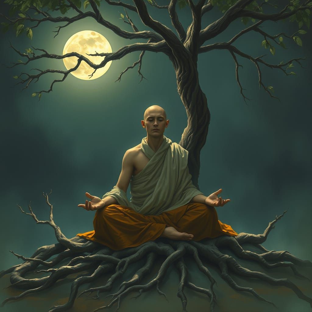Monk Meditating Under Moon Becomes Tree, Dreamlike Art
