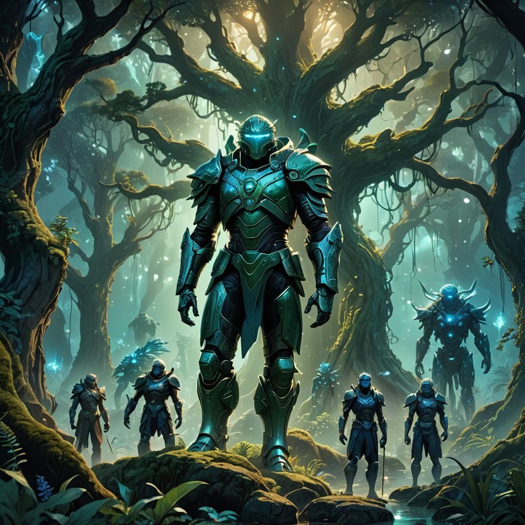 Guardians in Bioluminescent Amazon Forest: Concept Art