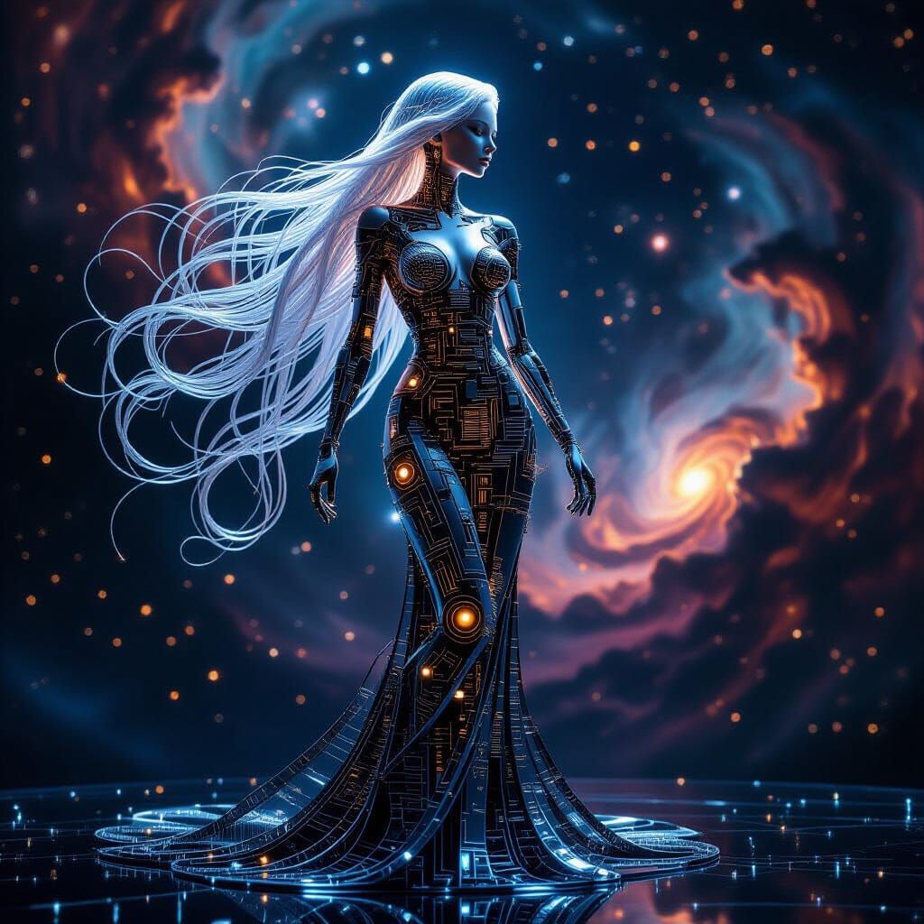 Metallic Goddess Sculpture in Cosmic Setting