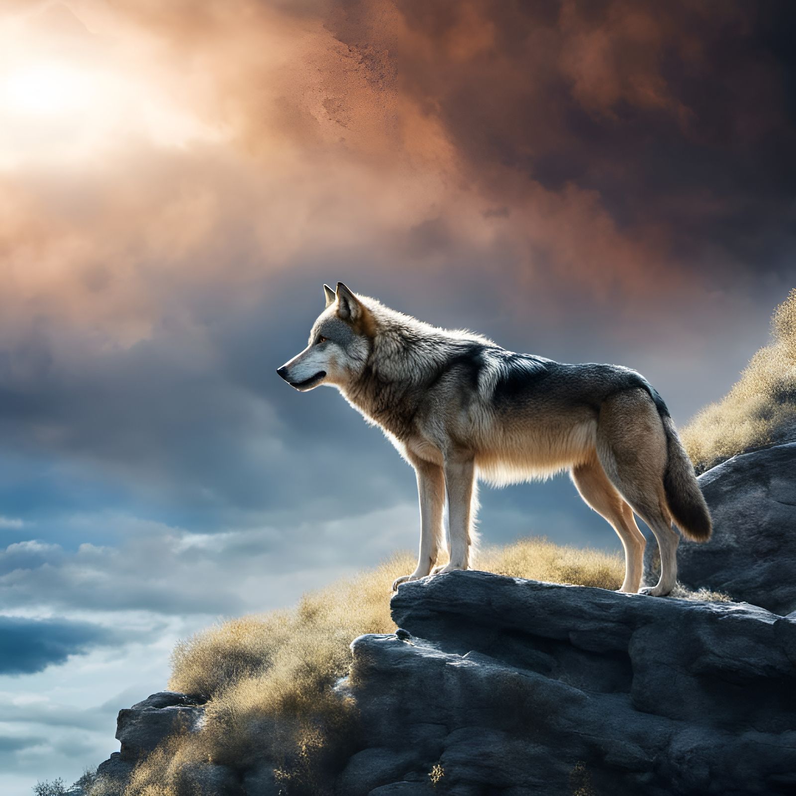Wolf on a Cliff Overlooking the Landscape