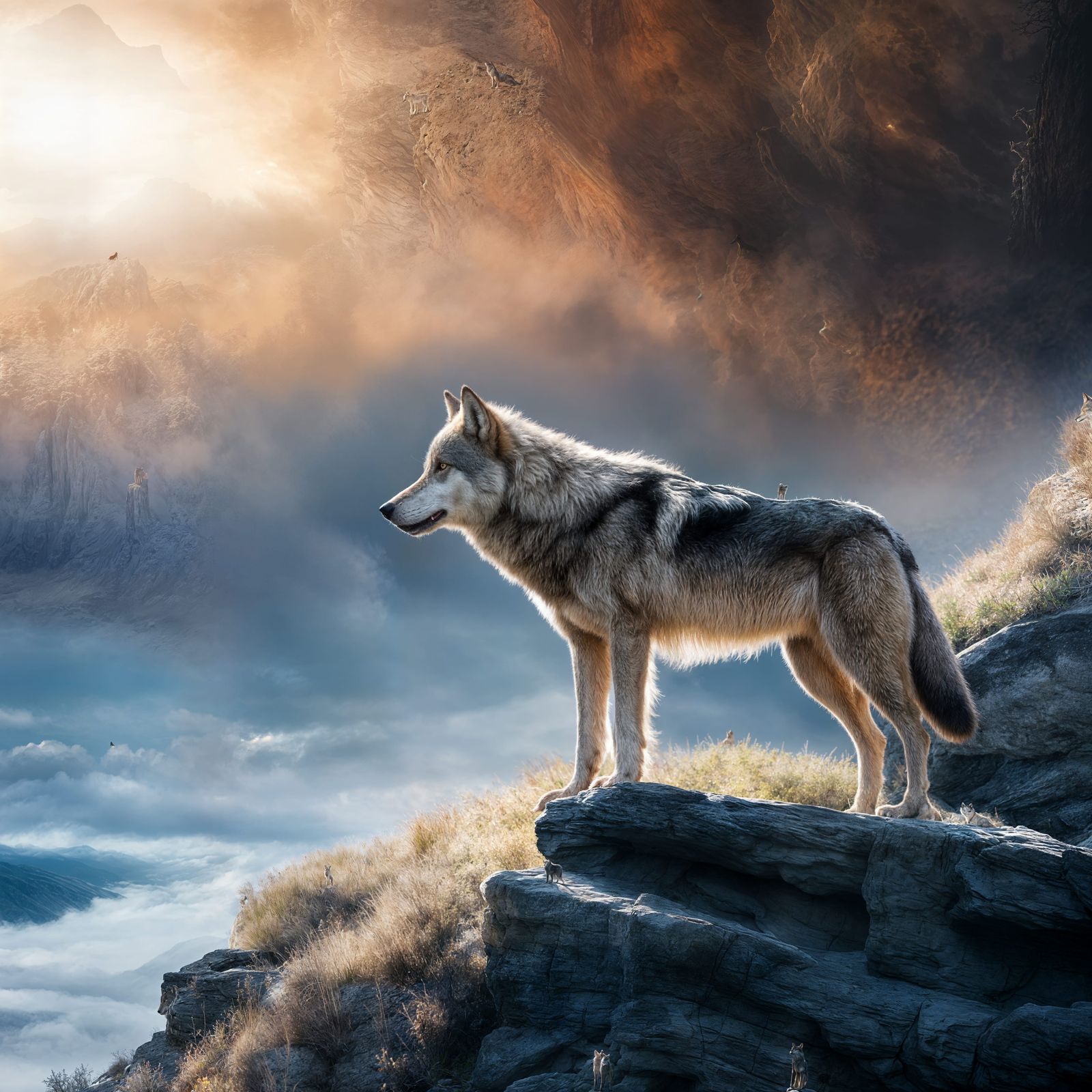 Majestic Wolf Surveys Vast Landscape From Cliff Edge
