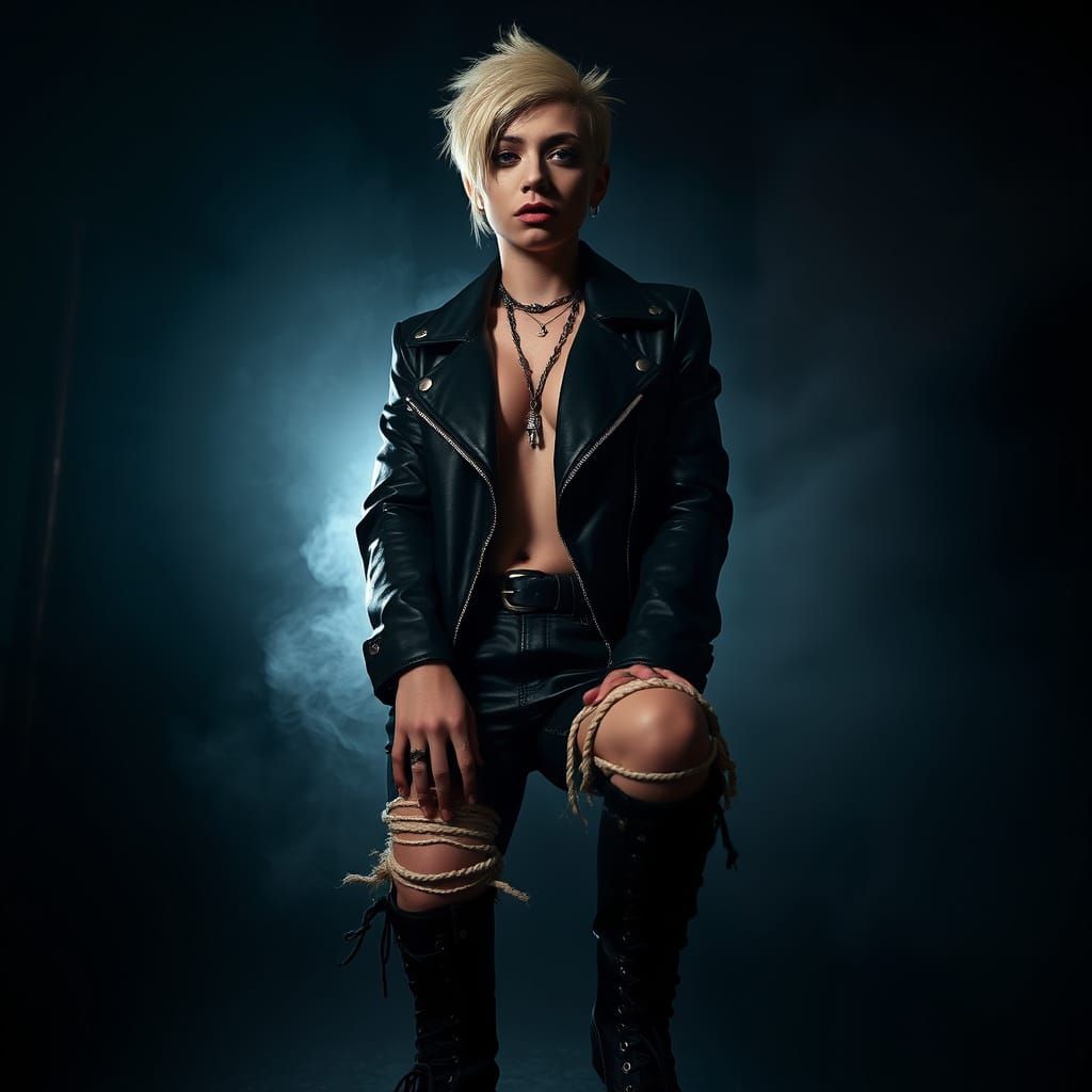 Androgynous Rebel in Edgy Leather Jacket