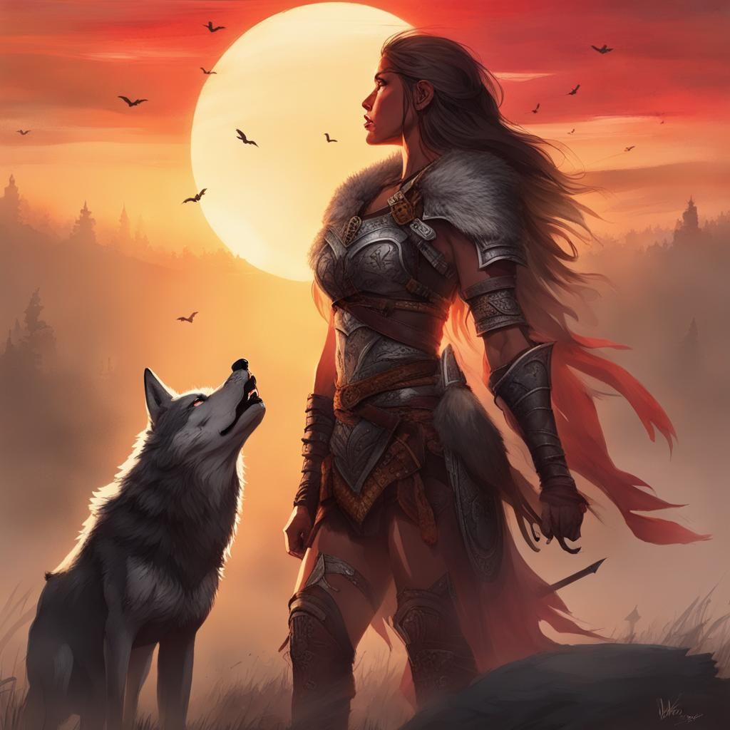 Warrior Princess and Wolf Victorious at Sunrise